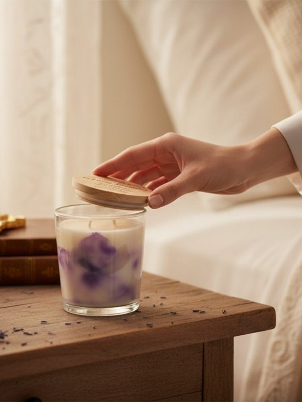 Calming Lavender Scented Candle with Wooden Lid every Candle Has GOLD Nugget